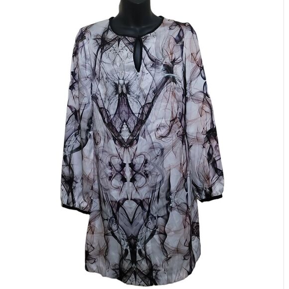 Zara Abstract Print Sheath Dress black Cream Pink Mini Long Sleeves Sz Small - Picture 4 of 6